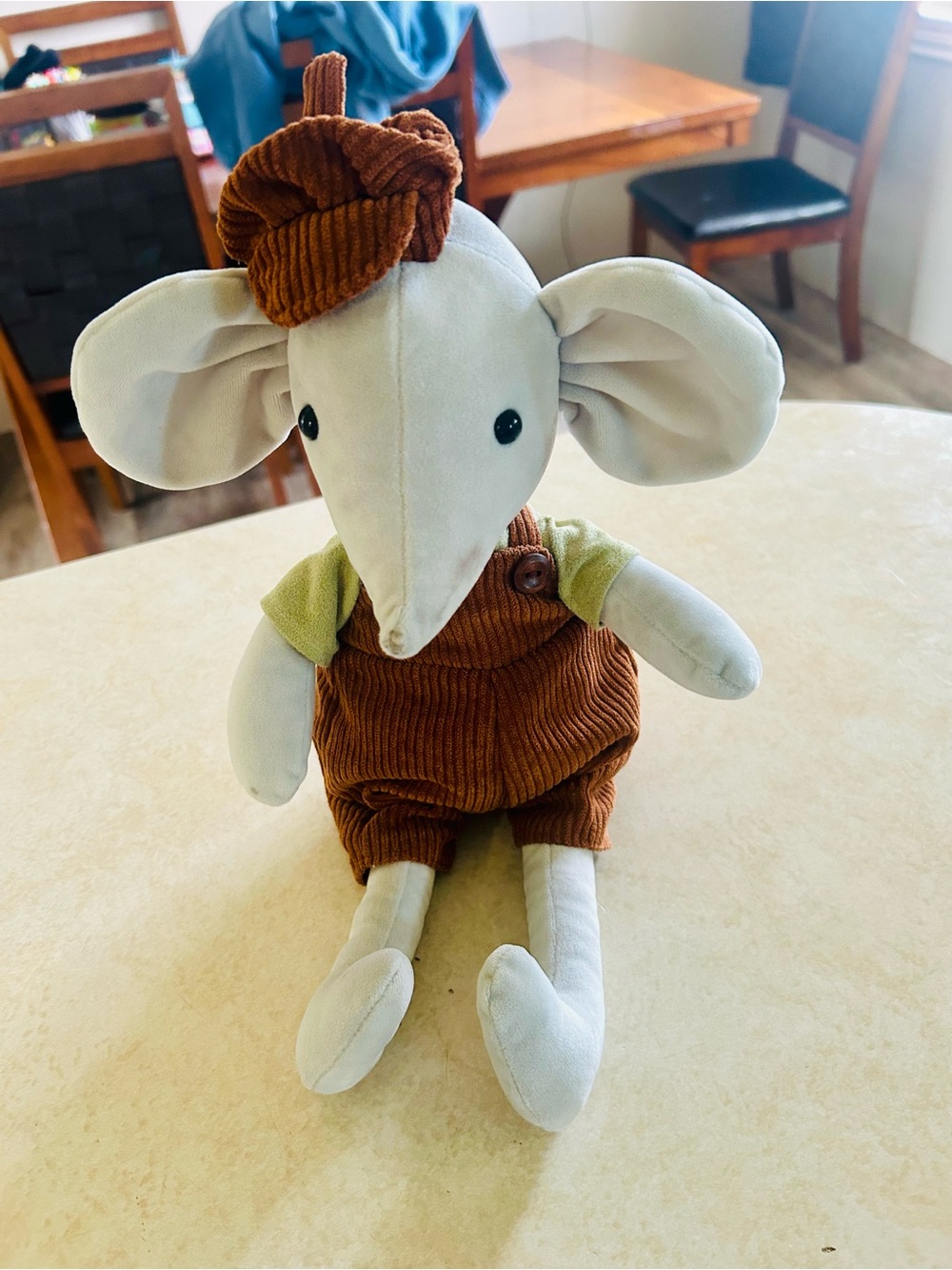 Plush Mouse Soft Toy in Light Gray with Brown Corduroy Outfit